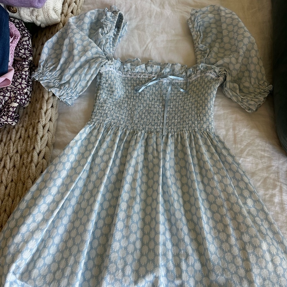 Hill House Home maxi dress with puff sleeves in blue shell baroque